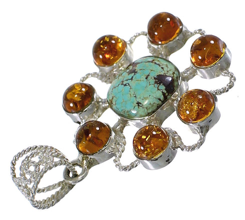 #8 Turquoise And Amber Southwestern Authentic Sterling Silver Pendant QX74116